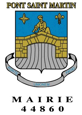 Le blason représente le moine Martin construisant le pont reliant la Bretagne au Bas-Poitou